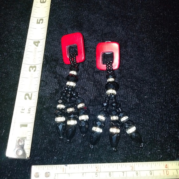Iris Apfel & Bajalia Black, Red & Clear Rhinestone Tasseled Statement Earrings - Picture 5 of 11